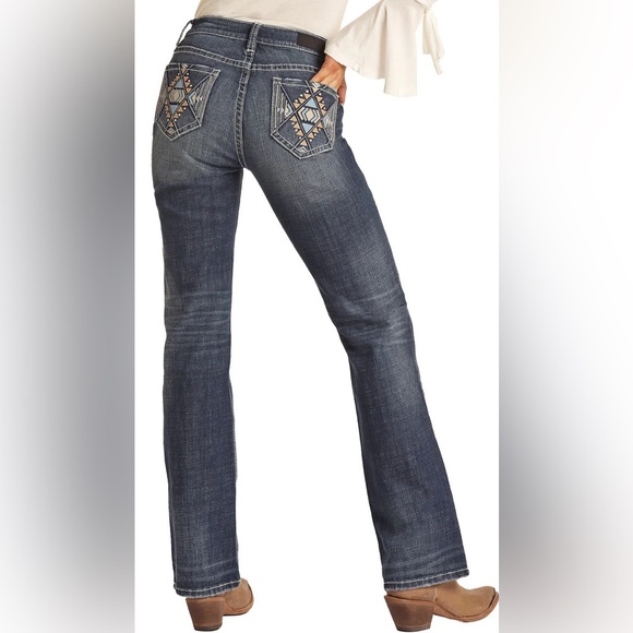 Rock & Roll Cowgirl Denim - ROCK&ROLL‎ DENIM MID RISE STRETCH AZTEC LEATHER EMBROIDERED BOOTCUT JEANS -28x34